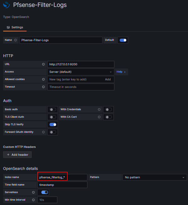 OpenSearch Data Source Config Filterlog